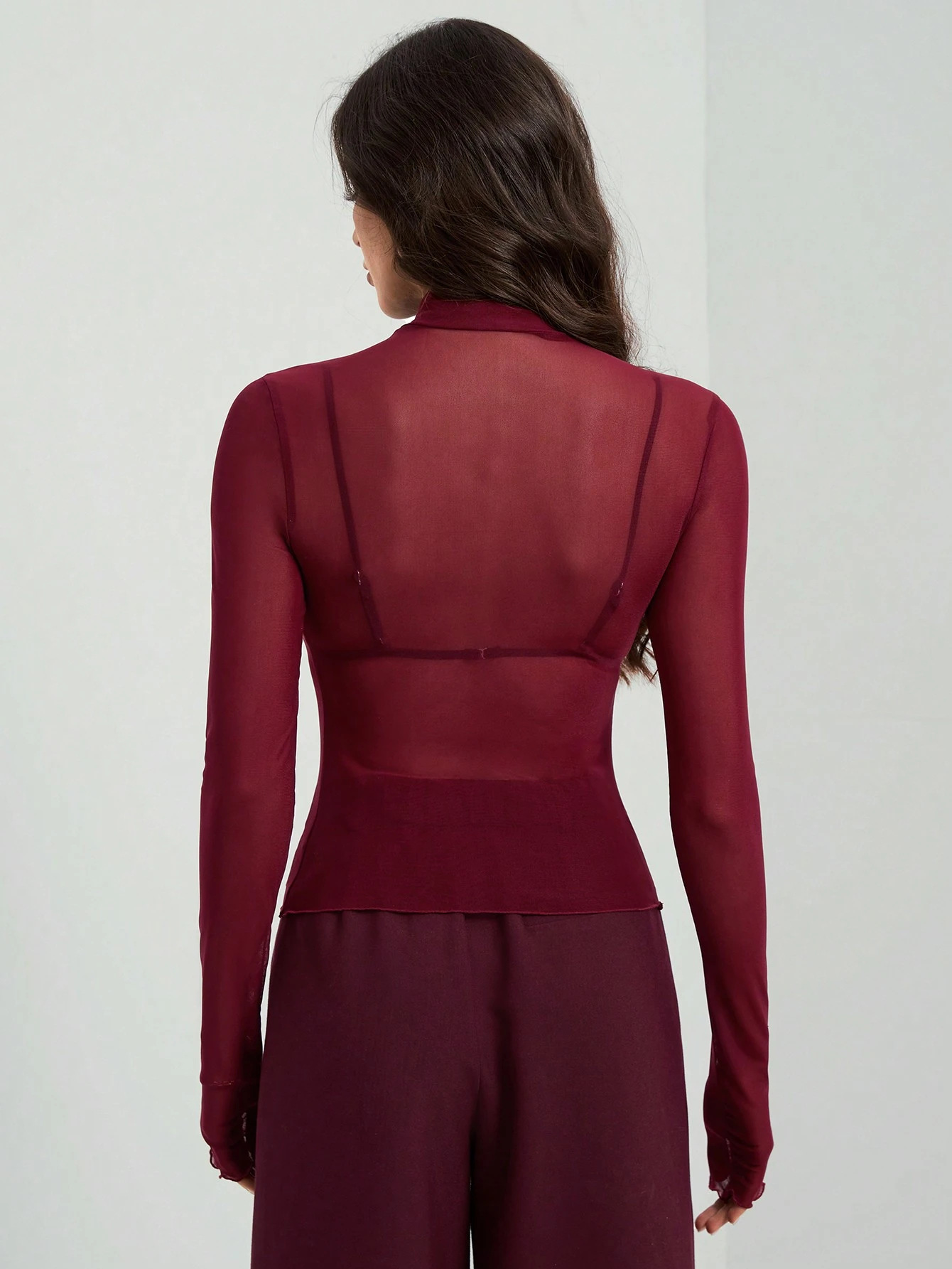 Womens Elegant Turtleneck Mesh Top Sexy Long Sleeve Semi-Sheer Slim T-shirts